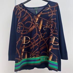 Lauren Ralph Lauren equestrian belting-print top XL silk navy sweater old money